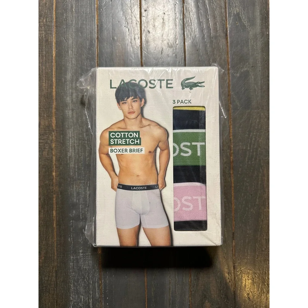 Lacoste Mens 3 Pack Cotton Stretch Boxer Briefs Black Yellow Green Pink